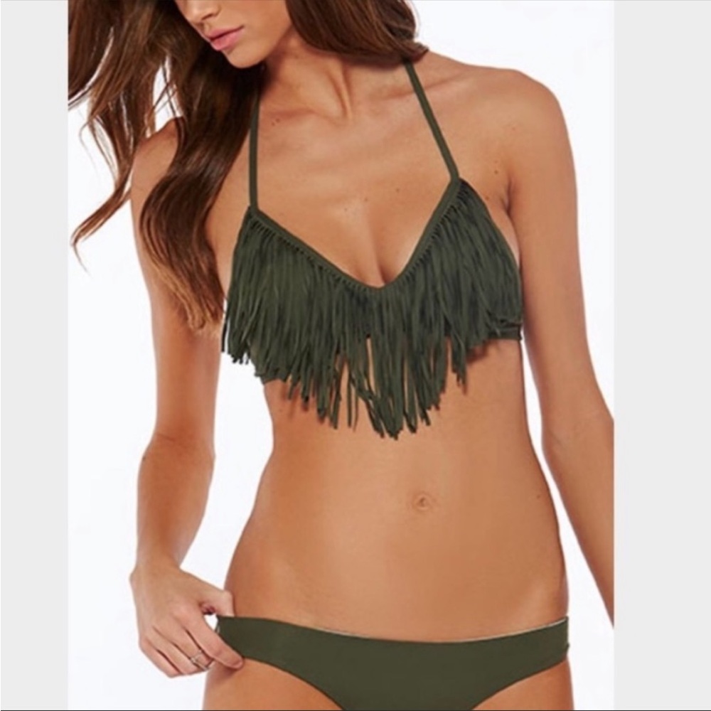 L*Space Audrey Fringe Halter Bikini Top in Fern Green - Large